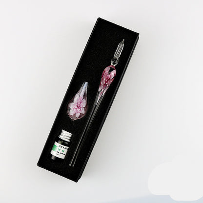 Crystal Flower Glass Dip Pen Set Pink Purple