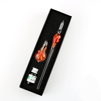 Crystal Flower Glass Dip Pen Set Rose Red