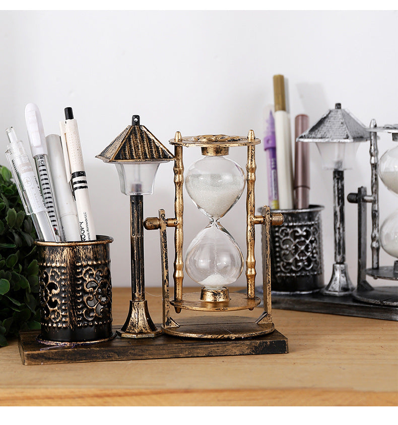 Multi-Purpose Night Light Pen Holder - Retro Sandglass Desk Organizer