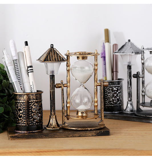 Multi-Purpose Night Light Pen Holder - Retro Sandglass Desk Organizer