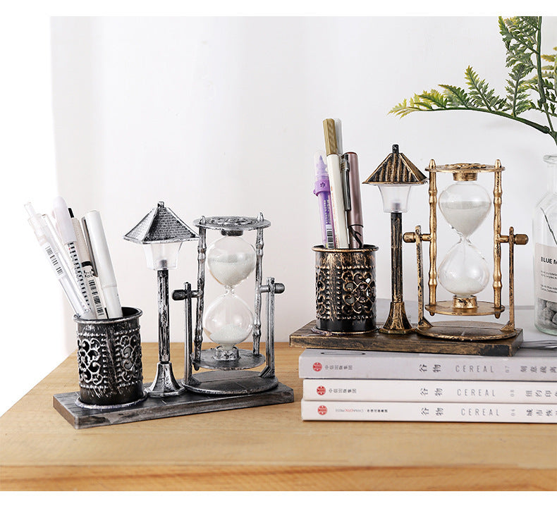 Multi-Purpose Night Light Pen Holder - Retro Sandglass Desk Organizer