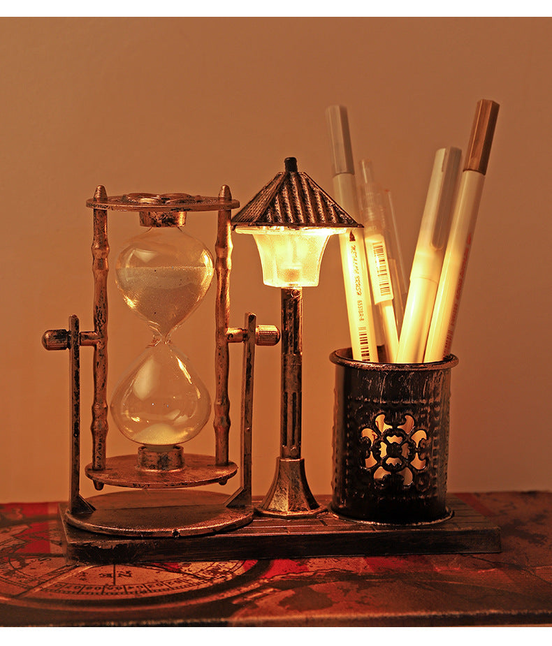 Multi-Purpose Night Light Pen Holder - Retro Sandglass Desk Organizer