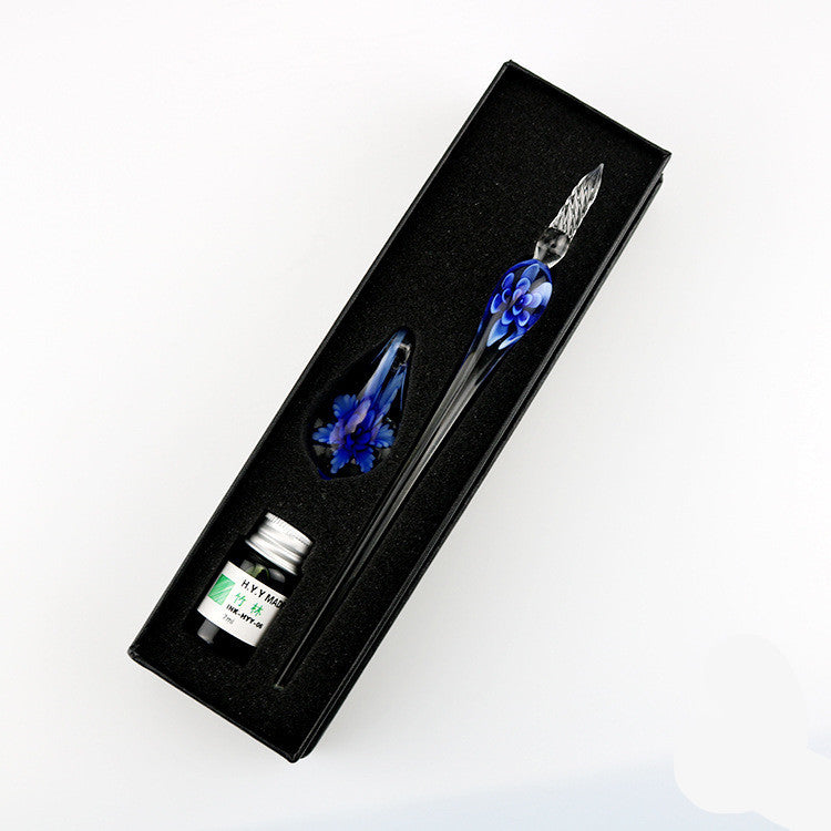 Crystal Flower Glass Dip Pen Set Blue