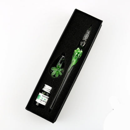 Crystal Flower Glass Dip Pen Set Green