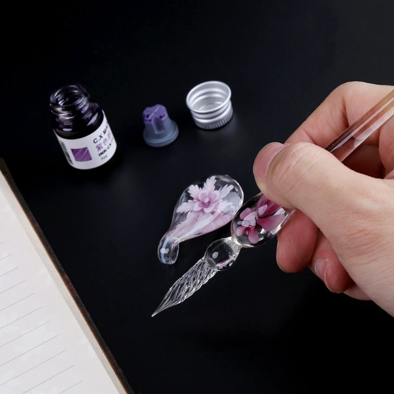 Crystal Flower Glass Dip Pen Set Pink