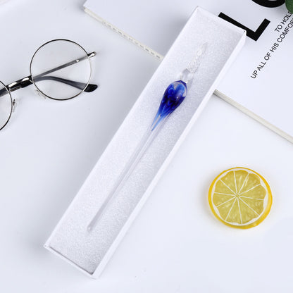 Crystal Flower Glass Dip Pen Set Dark Blue