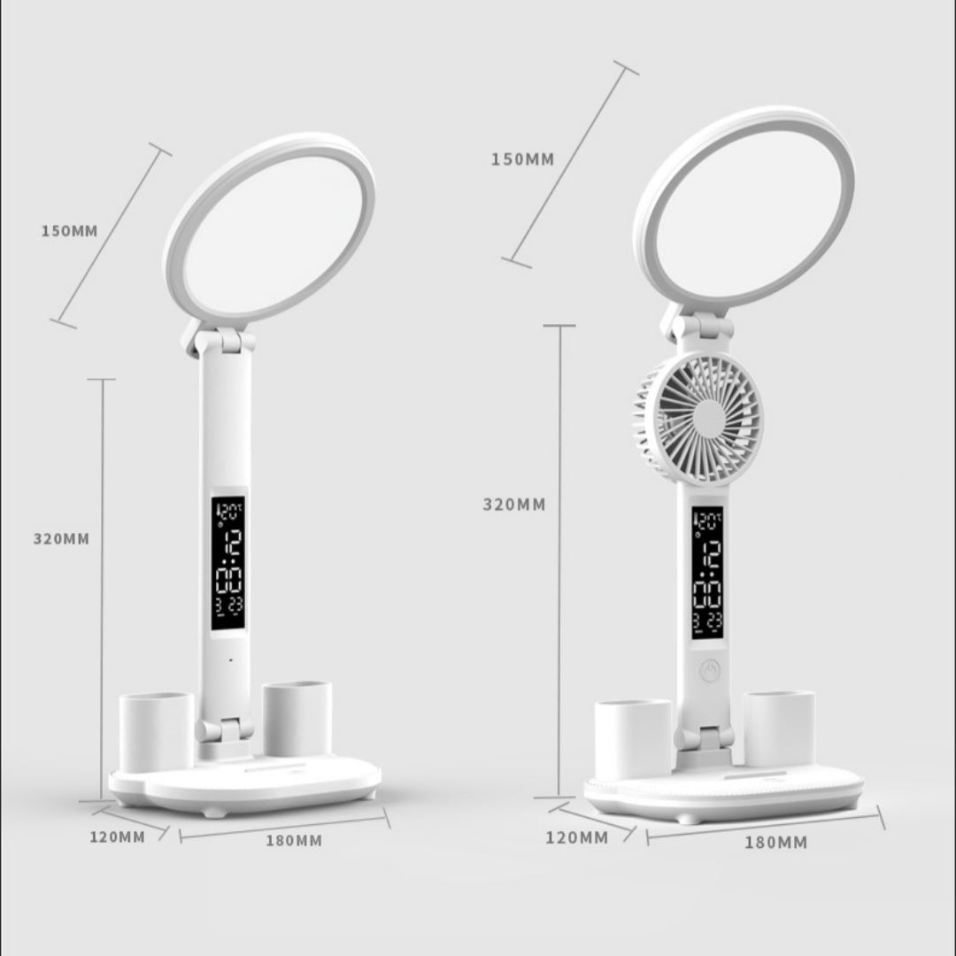 LED Desk Lamp with Clock, Fan, and Dimmable Light