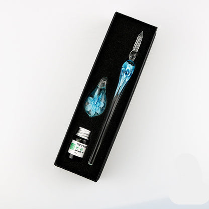 Crystal Flower Glass Dip Pen Set Light Blue