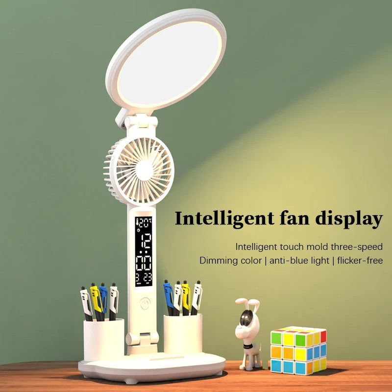 LED Desk Lamp with Clock, Fan, and Dimmable Light