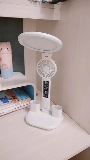 LED Desk Lamp with Clock, Fan, and Dimmable Light